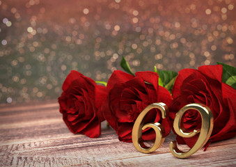 birthday concept with red roses on wooden desk. sixty-nineth. 69th. 3D render
