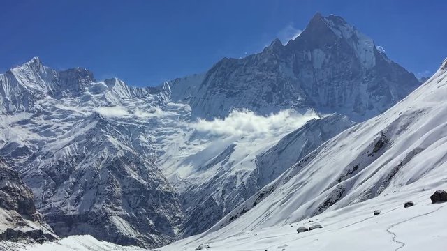 Annapurna Base Camp HD video nature background. View of snow valley, mountain peak and clear sky.