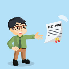 businessman with flying paper agreement
