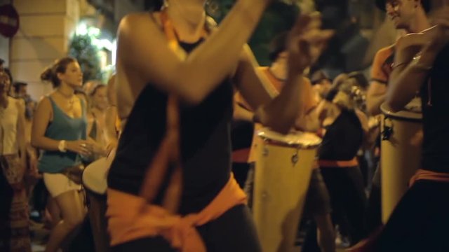 brazilian style drumers play during a street festival