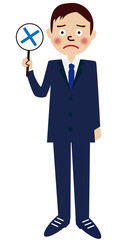 ブルーのスーツの男性  全身　バツ札