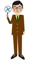 茶色のスーツの男性　全身　バツ札