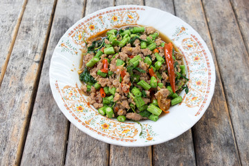 Spicy fried pork with basil leaves