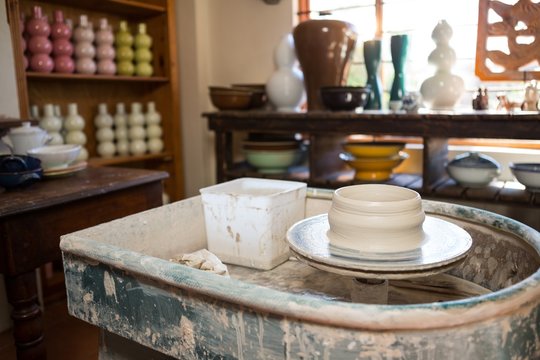 Pottery wheel in pottery workshop