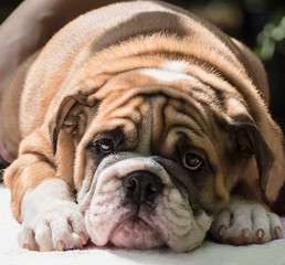 sad puppy English bulldog clousup red & white