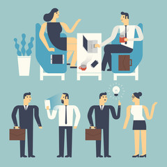 Flat design illustration business people working in an office.
