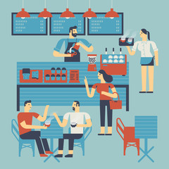 Flat design illustration barista working in coffee shop. People