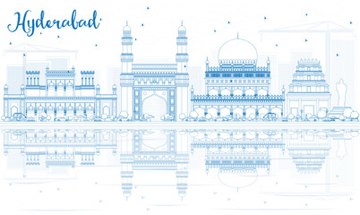 Outline Hyderabad Skyline with Blue Landmarks and Reflections.