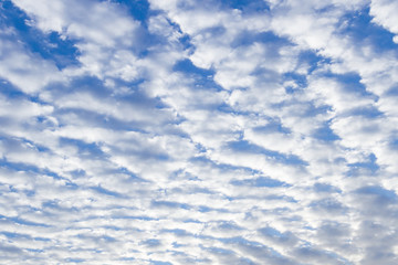 White puffy stratus clouds against a deep blue sky. - obrazy, fototapety, plakaty