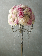 Floral arrangement with pink peonies, white chrysanthemums and g