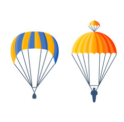 Illustration fly parachute flat icon cartoon graphic. Modern parachute extreme transport sky adventure journey and air parachute travel transportation flight airship. Hight jump down