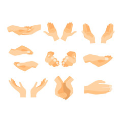 Flat human hands isolated creativity concept. Hands fingers symbol isolated, flat style hands holding. Touch vector human elements. People body parts, holding some things