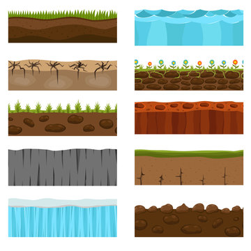 Illustration of cross section of ground with grass isolated on white. Agriculture country gardening ground slices piece nature cross outdoor. Meadow ecology underground ground slices vector.