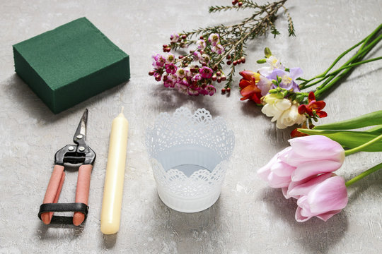 How to make floral arrangement with freesias, tulips and chamela