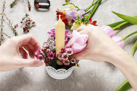 How to make floral arrangement with freesias, tulips and chamela