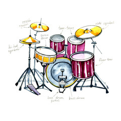 Drums. Watercolor musical instruments on white background