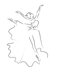 Ballerina line art drawing in black and white; performance isolated outline art