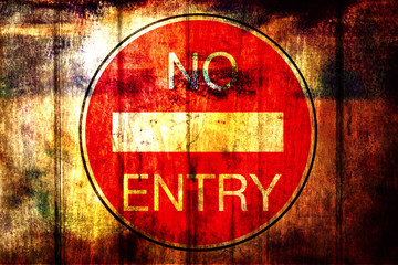 No entry for vehicular traffic road sign painted on a grunge wood background 