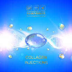 Obraz na płótnie Canvas Infographic design for cosmetic surgery. Collagen protein with dna molecule over blue background. Vector illustration.
