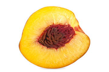 Nectarine fruit half isolated on white background, close up