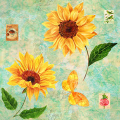 Fototapety  Retro wzór z akwarela słoneczniki i znaczki