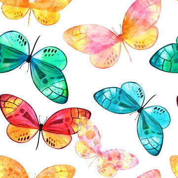 Seamless background pattern with textured watercolor butterflies