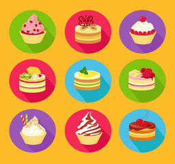 Cakes icon set. Symbols of cakes and cupcakes in flat design style. Vector illustration