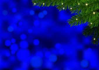 Blue background with fir branch. Vector illustration. New Year and Christmas banner with copy spase for your text.