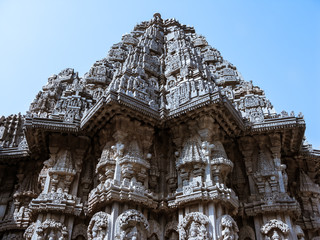 The outside of one of the shrines of Keshava at the 13th Century temple of Somanathapur, Karnataka, South India.