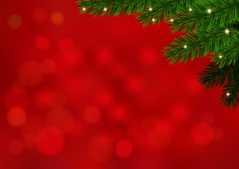 Red background with fir branch. Vector illustration. New Year and Christmas banner with copy spase for your text.