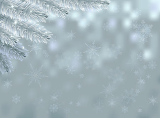 Fototapeta na wymiar Snow background with fir branch. Vector illustration. New Year and Christmas banner with copy spase for your text.