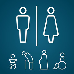Fototapeta premium Restroom male female pregnant cripple oldster and baby sign outline stroke vector illustration