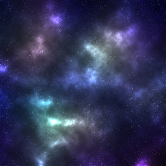 A digital illustration of a deep space background with colorful, glowing gas clouds and stars