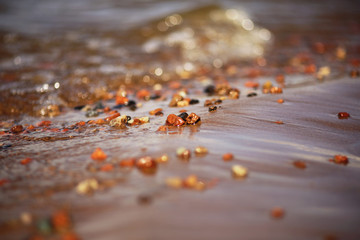 Sand beach background with wet rocks