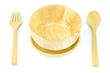 wooden bowl spoon and fork on white background