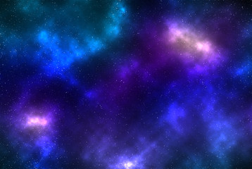 Digital illustration of glowing deep-space background with colorful gaseous clouds and stars as background for creative design