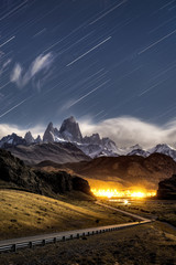 Star trail at Monte Fitz Roy in Los glaciares national park,  El Chalten Patagonia Argentina