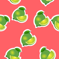 Pattern. lime and leavesand slices same sizes on red background.