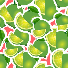 Fototapeta na wymiar Pattern. lime and leaves different sizes on red background.