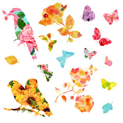 Shapes of birds, flowers, and butterflies, filled with watercolo