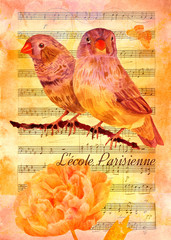 'Parisian music school' collage with watercolor birds, butterfly