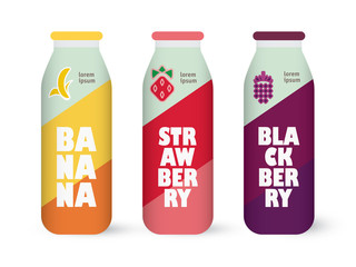 Bottle of juice, sugar water, tea or cocktail with drawing strawberry, blackberry and banana. Isolated on the white background. Concept design for juice or cocktail.