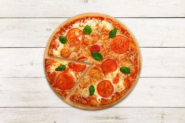 Delicious italian vegetarian pizza Margherita top view at wood