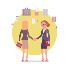 Handshake. Business items around. Two women in a formal wear. Cartoon vector flat-style business concept illustration