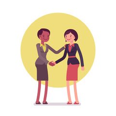 Fototapeta na wymiar Handshake. Two women in a formal wear. Cartoon vector flat-style business concept illustration