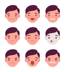 Set of 9 different emotions. Anger and joy. Surprised and hurt. Indifference and shock. Laughter and dream. Cartoon vector flat-style illustration