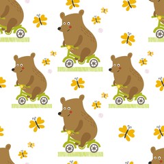 Bear to ride a bike vector seamless pattern.
