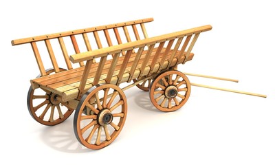 Wooden rustic four-wheel cart. 3d illustration. Isolated on white
