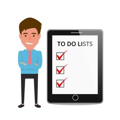 Businessman shows to do lists on tablet screen. Cartoon Vector Illustration.