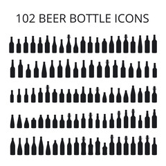 102 beer bottle icons set. All types of beer bottles